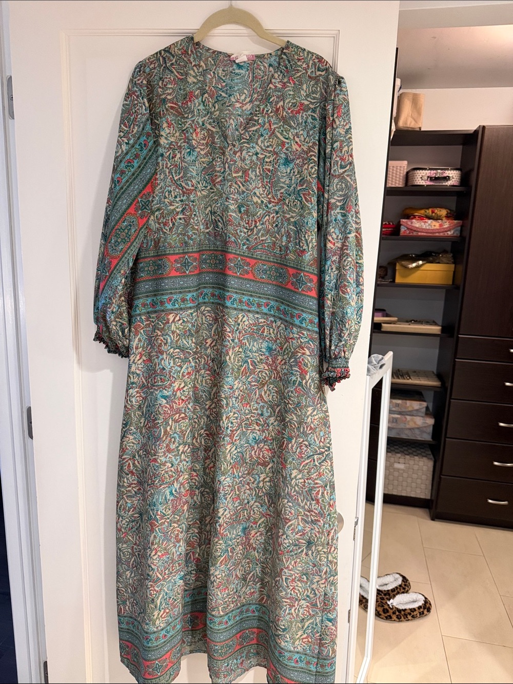 Bohemian Floral Long Sleeve Maxi Dress in Teal and Coral